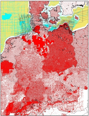 Bild zeigt eine Deutschlandkarte mit der Schweredatenbasis für die Modellierung des German Combined QuasiGeoid 2016 Bild zeigt eine Deutschlandkarte mit der Schweredatenbasis für die Modellierung des German Combined QuasiGeoid 2016