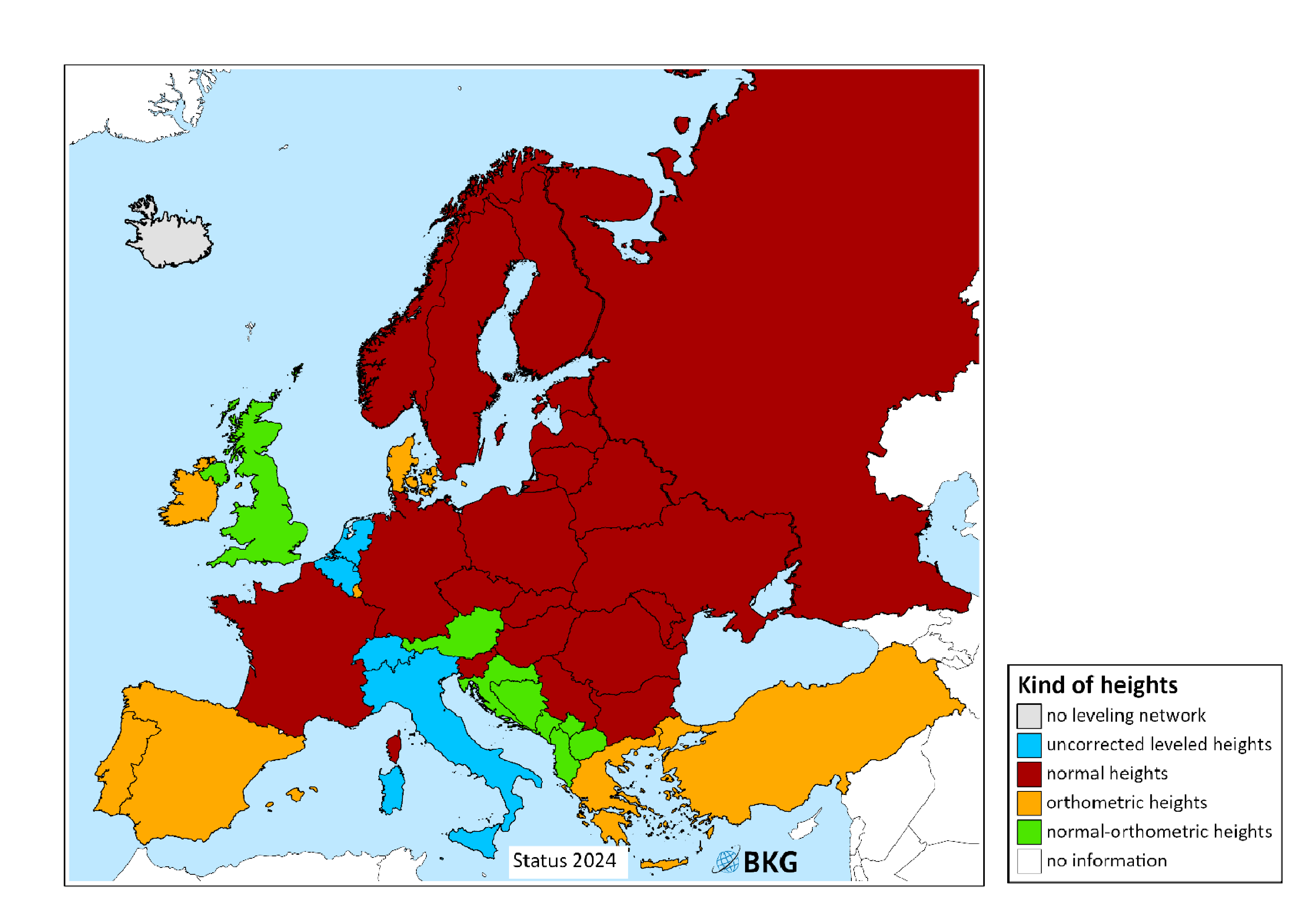 Picture shows a map of European countries where different colours represent the kind of heights of national height systems in Europe Picture shows a map of European countries where different colours represent the kind of heights of national height systems in Europe