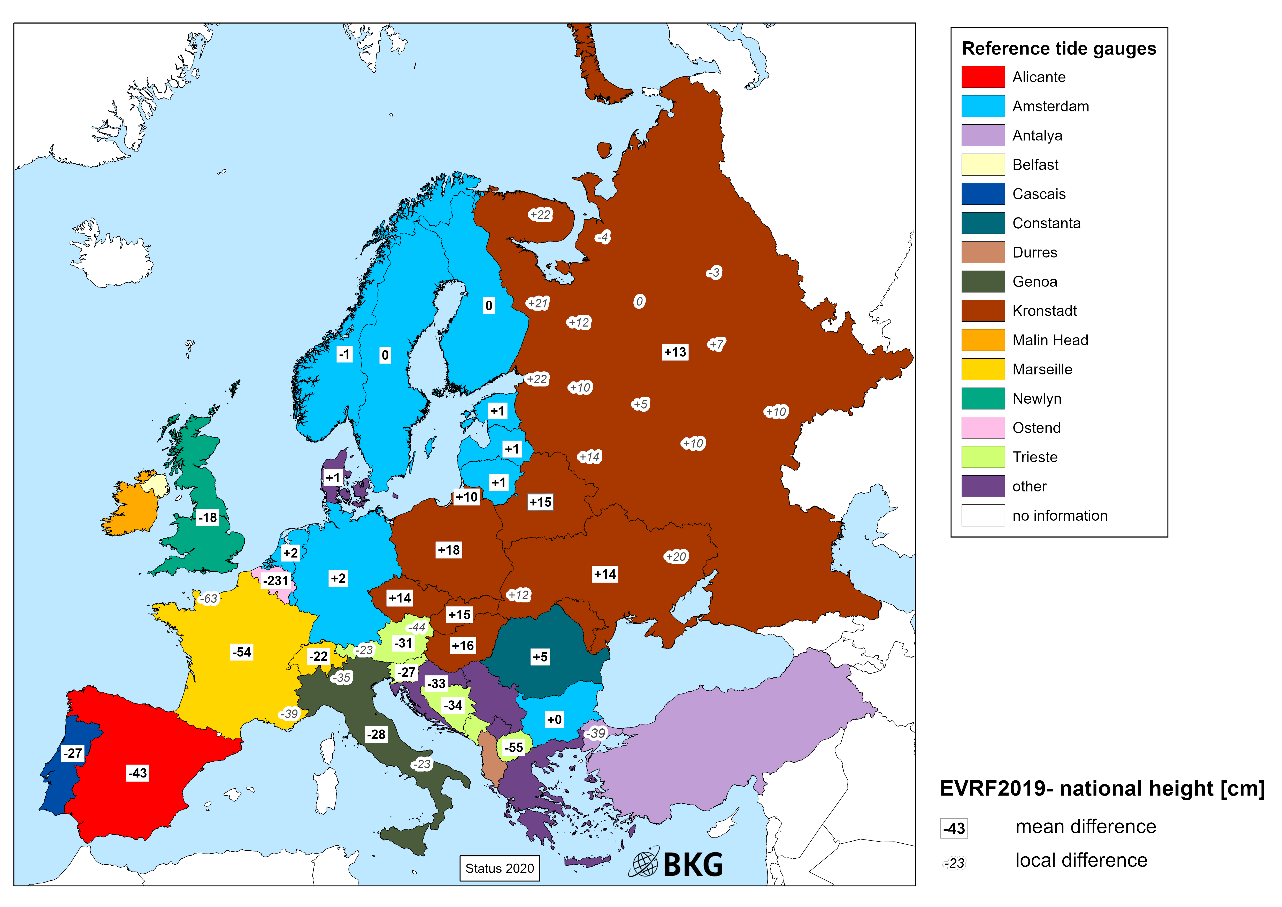 Picture shows a map with transformation parameters from national heights in Europe to EVRF2019 in cm and reference tide gauges Picture shows a map with transformation parameters from national heights in Europe to EVRF2019 in cm and reference tide gauges