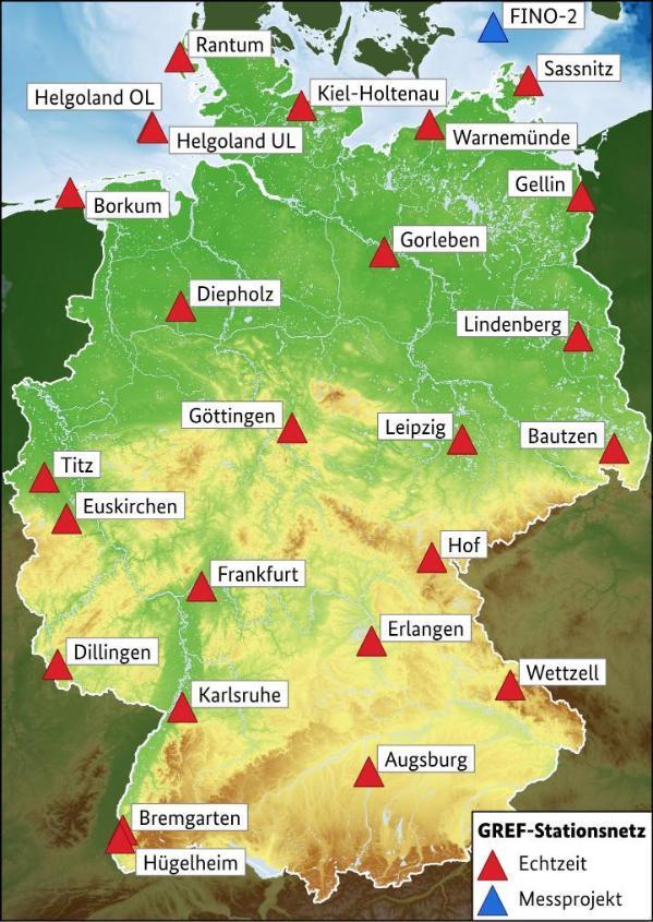 Bild zeigt das Netz von GREF-Beobachtungsstationen