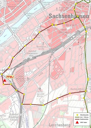 Das Bild zeigt den Verlauf Nivellement für den Anschluss einer GREF-Station an das Höhennetz (Anklicken zum Vergrößern)