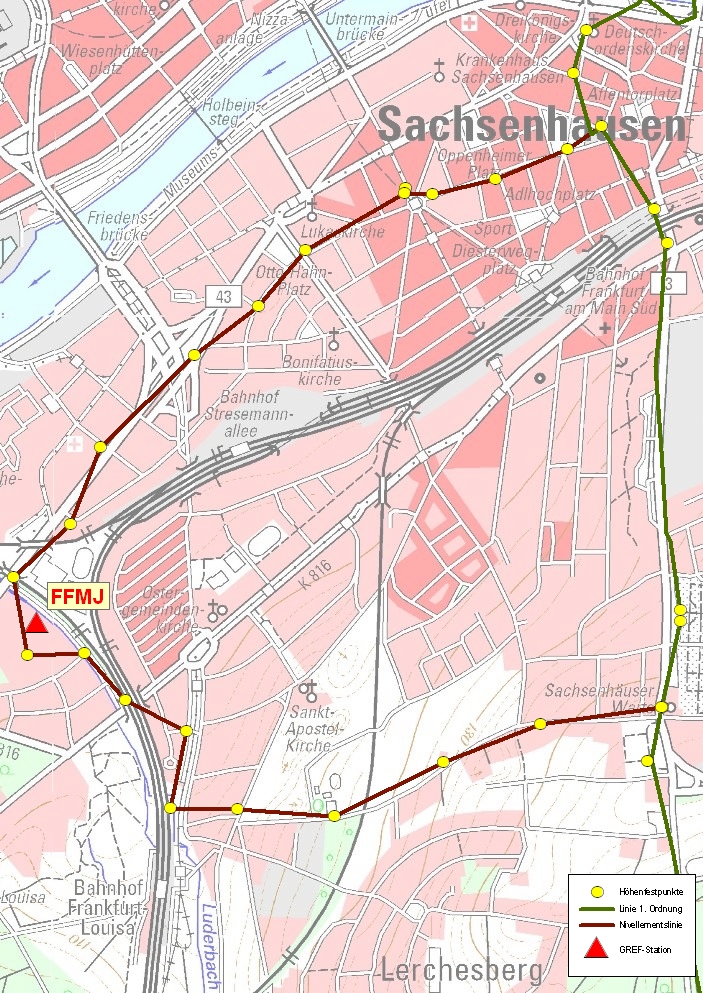 Das Bild zeigt den Verlauf Nivellement für den Anschluss einer GREF-Station an das Höhennetz (Anklicken zum Vergrößern)